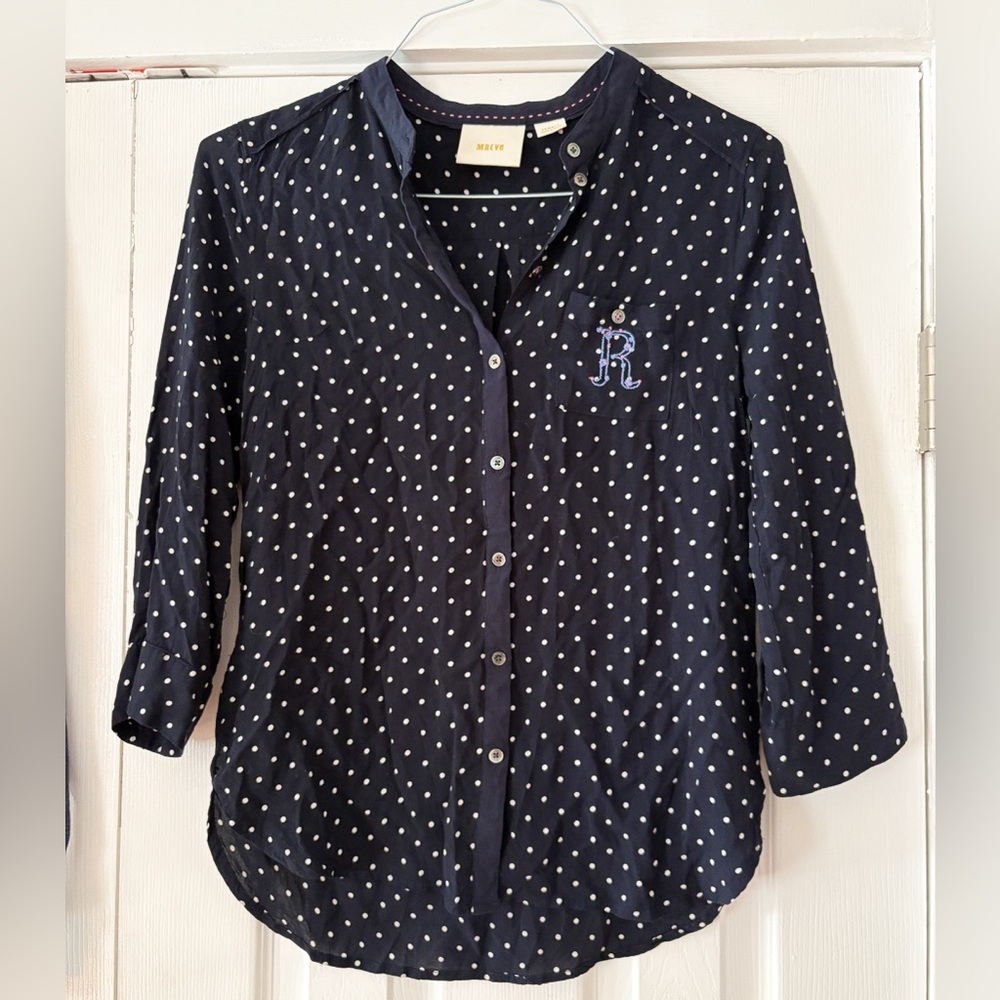 Maeve Navy Shirt White Polka Dots‎ Embroidered R Added Size XSmall EUC